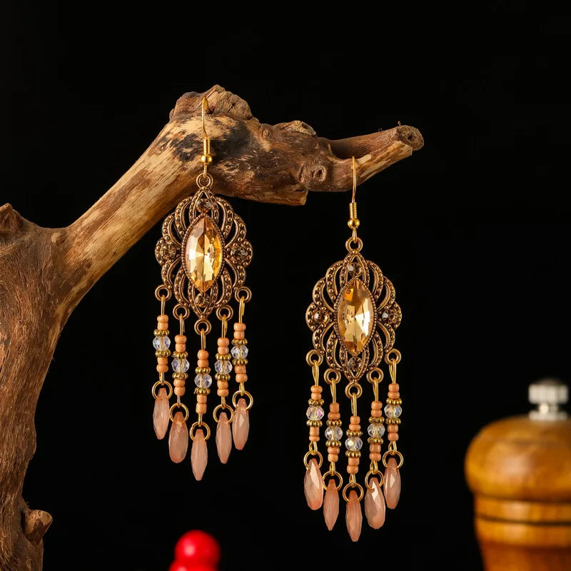 New Bohemian Ethnic Colorful Water Drop Tassel Earrings for Women Long Hollow Antique Gold Color Dangle Earring Pendientes Mujer