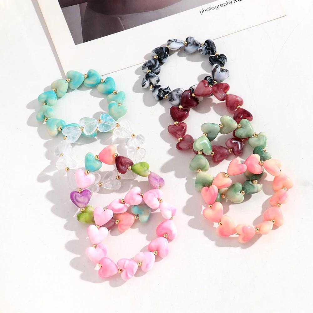 Cute Acrylic Colorful Geometric Heart Beads Elastic Bracelets New Love Heart Beaded Stackable Bangle Bracelet Women Jewelry Gift