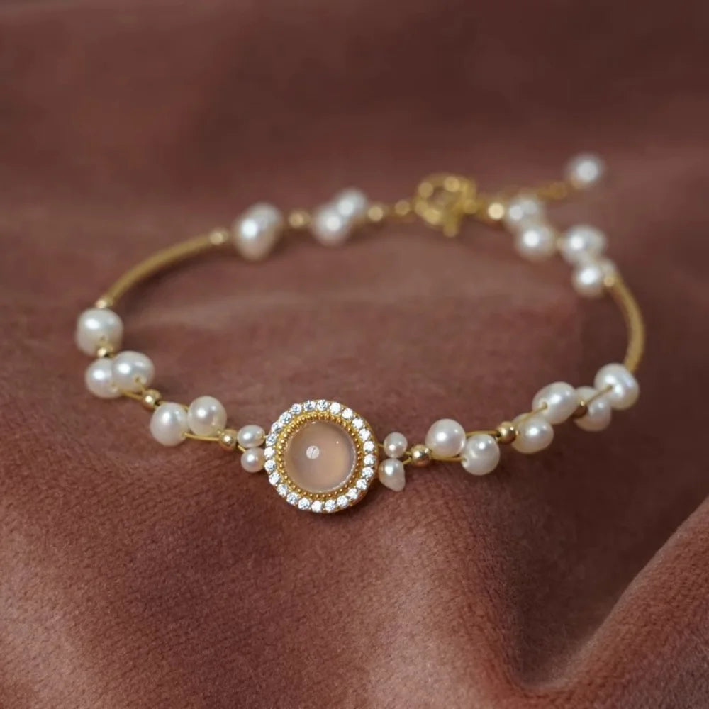 Charm Female Small Mermaid White Pearl Pink Zircon Bracelet Cute Gold Color Adjustable Wedding Jewelry For Women