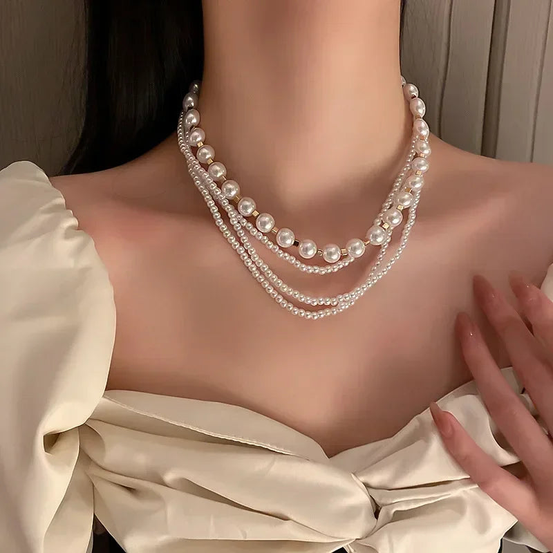 Elegant Multilayer Pearl Choker Necklaces for Women Crystal Flowers Necklaces Weddings Party Jewelry
