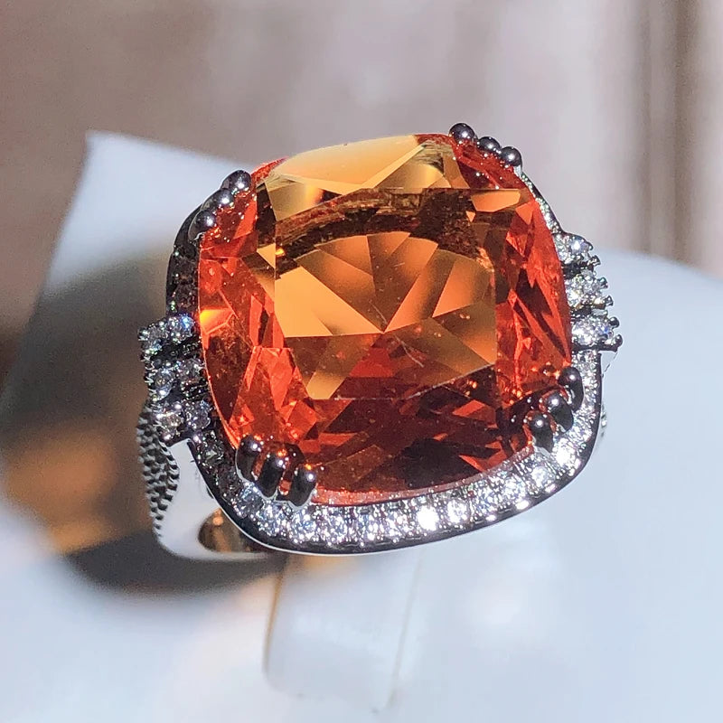 Square Large Orange Gem Ring Bohemian Style Wedding Ring For Women Micro-inlaid Zircon Ring Party Jewelry Engagement Ring