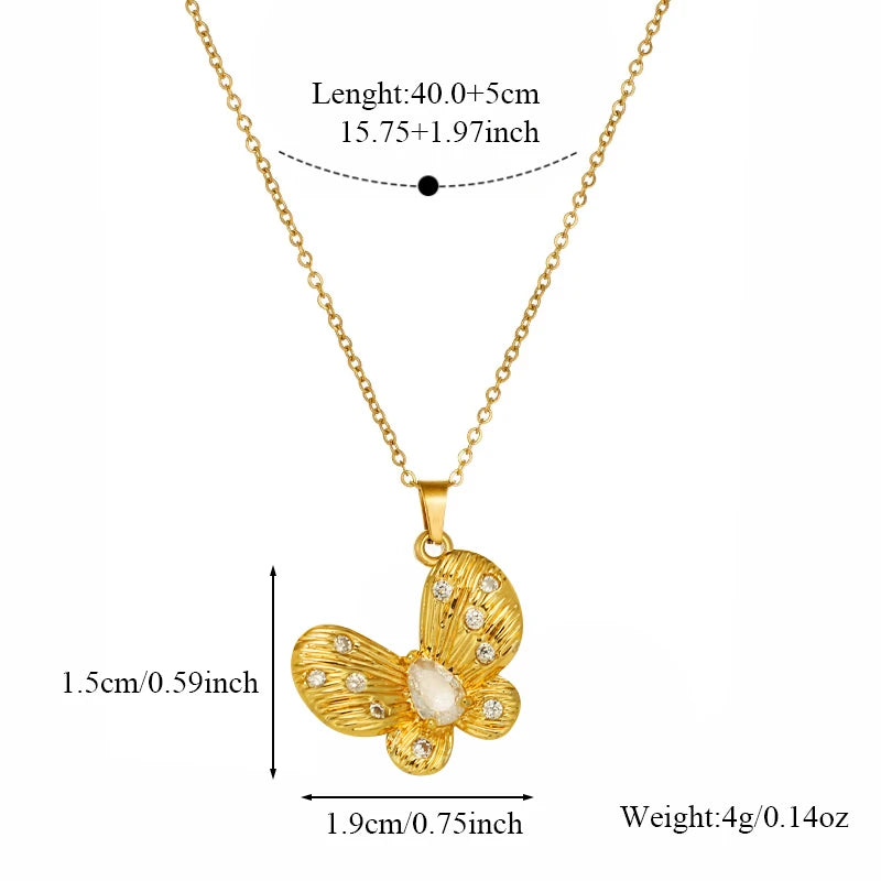 EILIECK Women's Trendy Floral Pink Zirconia Pendant Necklace Stainless Steel Neck Chain Daily Water-resistant Jewelry Lady Gift