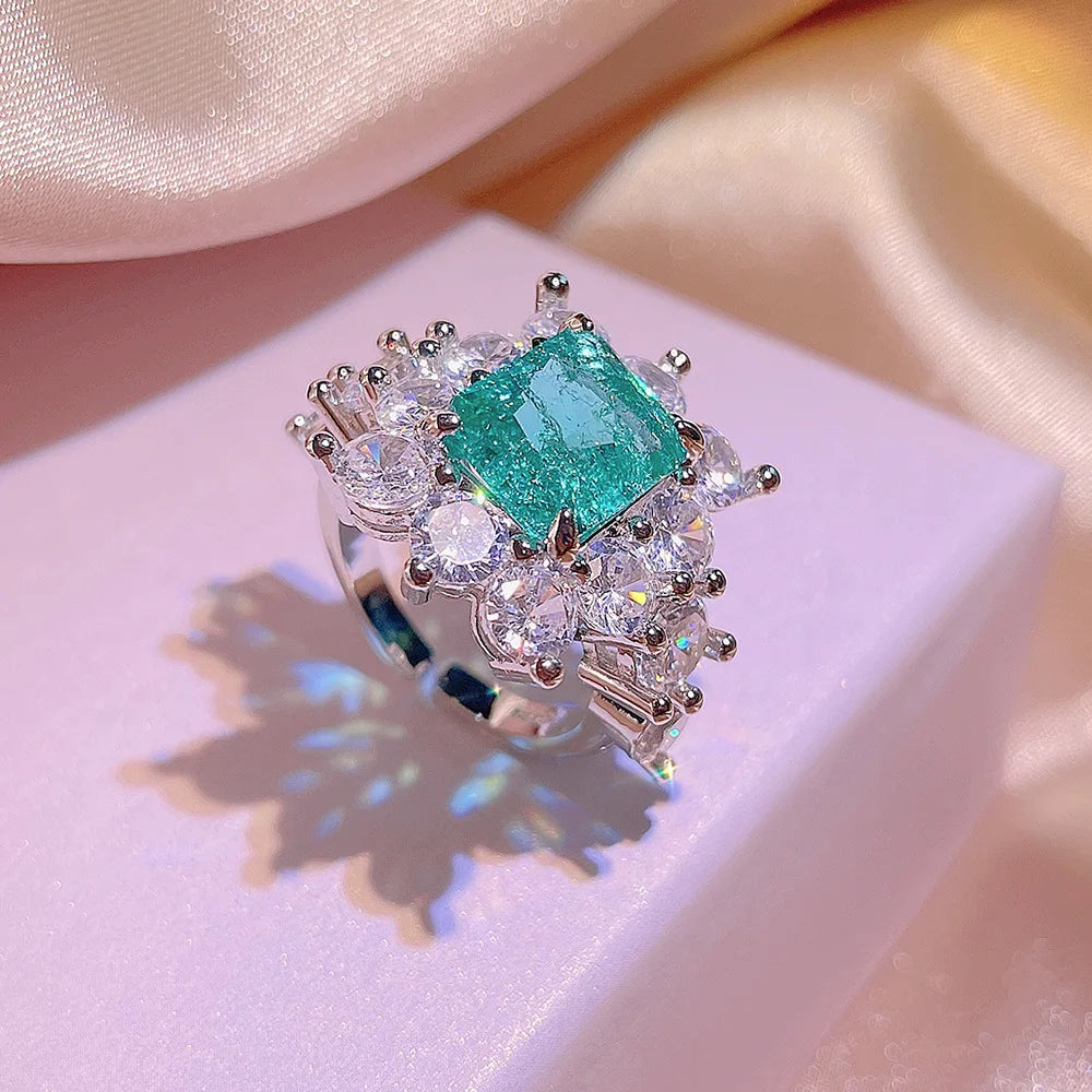 925 Silver Vintage Rectangle Emerald Jewelry Set Halo Starburst Zircon Necklace Earrings Women Party Ornaments