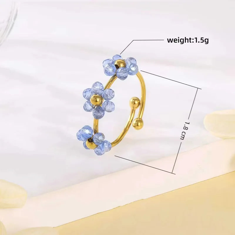 ANENJERY 316L Stainless Steel Colorful Beads Flowers Open Ring For Women French Niche Design Elegant Jewelry Gifts Wholesale