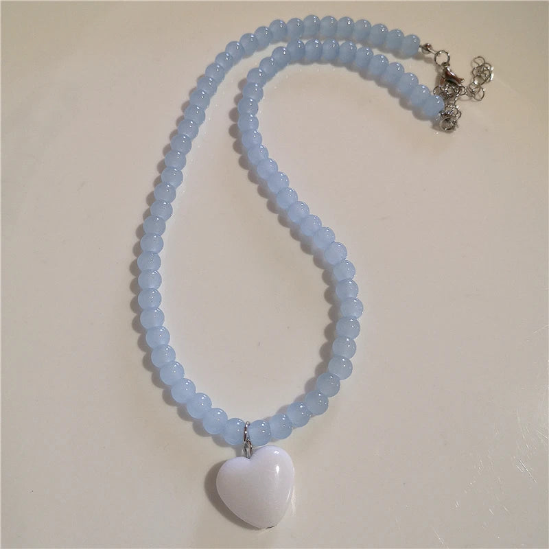 2026 Trendy Aesthetic Resin Candy Color Heart Pendant Glass Beaded Choker Charm Necklace For Women Girl Y2K Jewelry Accessories