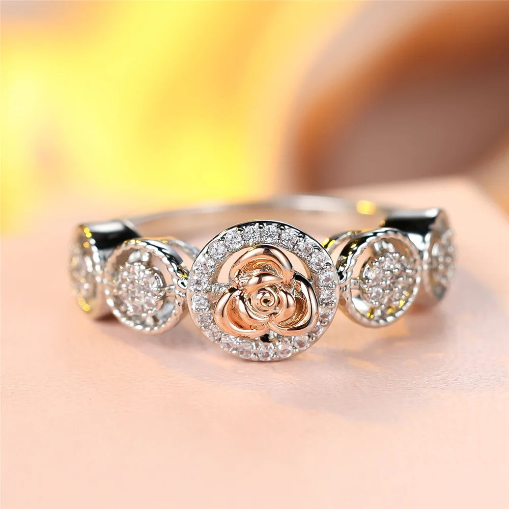Cute Female White Zircon Round Stone Silver Color Wedding Jewelry Promise Engagement Flower Rings For Women