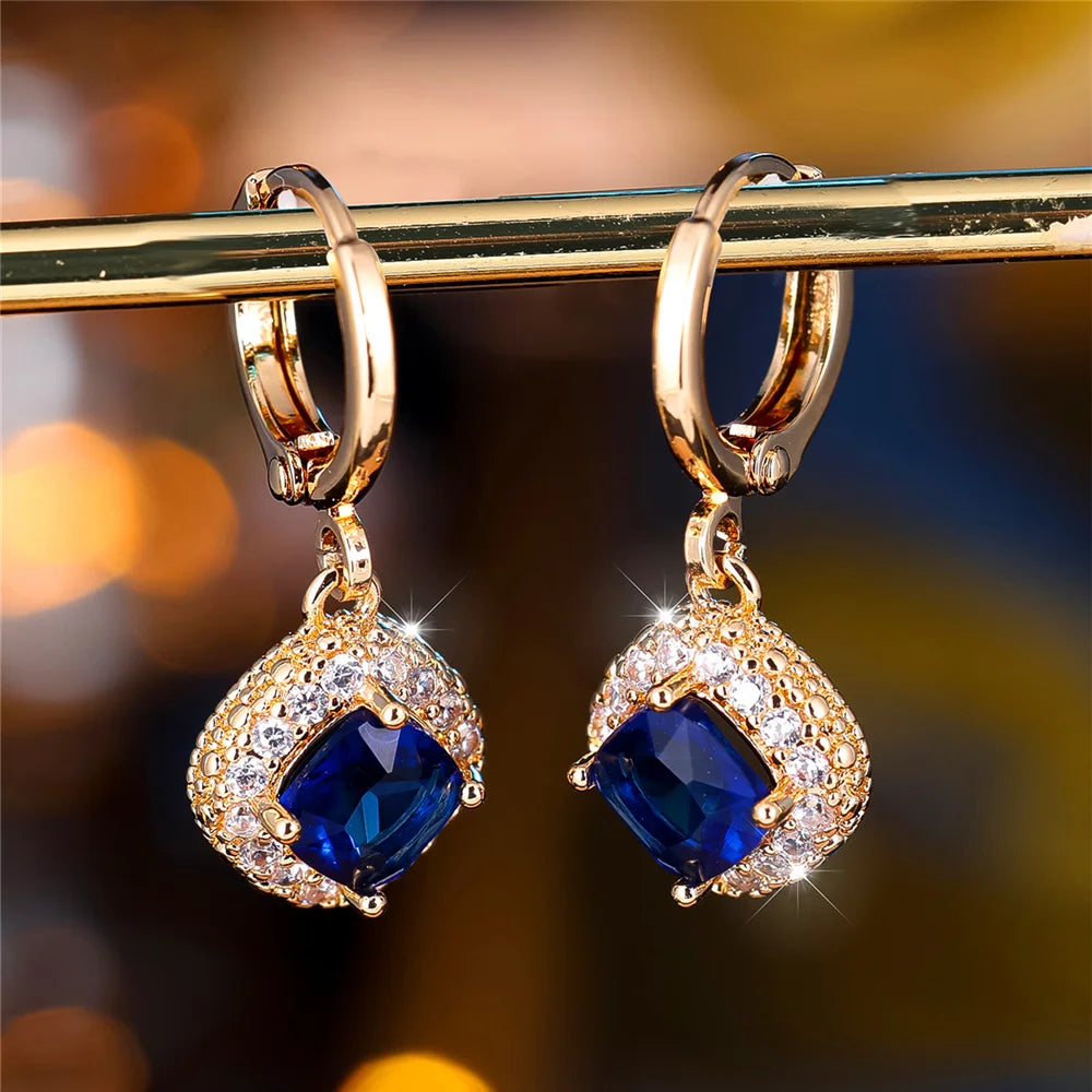 Cute Female Blue Zircon Stone Square Hoop Earrings Fashion Female Gold Color Wedding Jewelry For Women