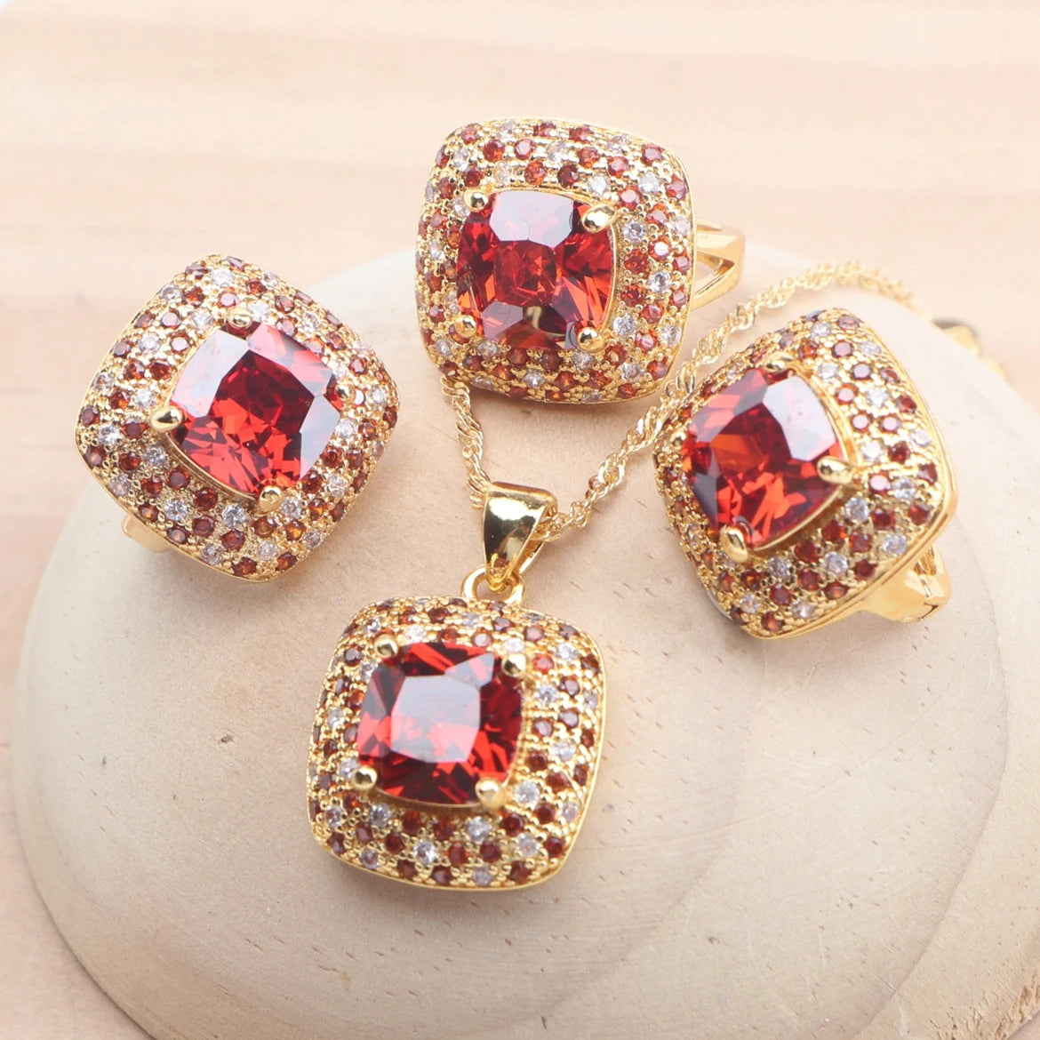 Bridal Jewelry Sets 925 Sterling Silver Rose Gold Color Red Zircon For Women Earrings Rings Pendant Wedding Necklace Set