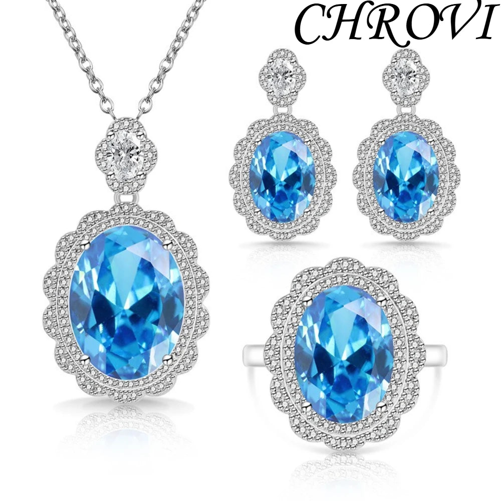 Exquisite 925 sterling silver gemstone pigeon eggshell-shaped gemstone set - popular necklace, earrings, ring for women