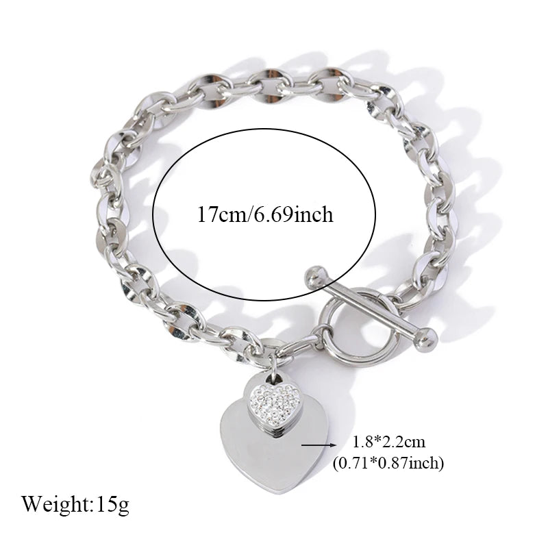 EILIECK New Fashion Stainless Steel Metal Double Heart Necklace Bracelet Set  For Women Waterproof Silver Color Jewelry Gift
