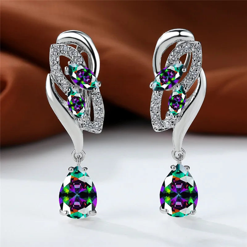Luxury Female Blue Rainbow Stone Earring Silver Color Clip Earrings For Women Charm Crystal Zircon Wedding Jewelry