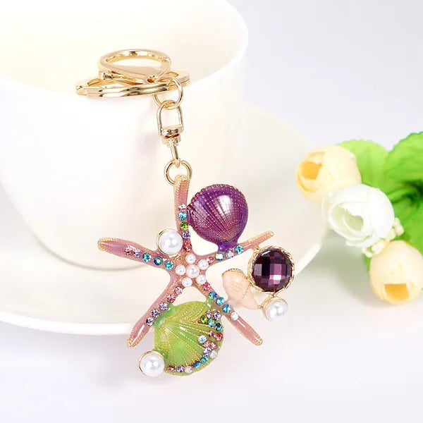 EASYA 2 Colors Sea World Crystal Starfish Keychain Fashion Simulated Pearl Shell Keyring Holders For Women Bag Car Key Chains