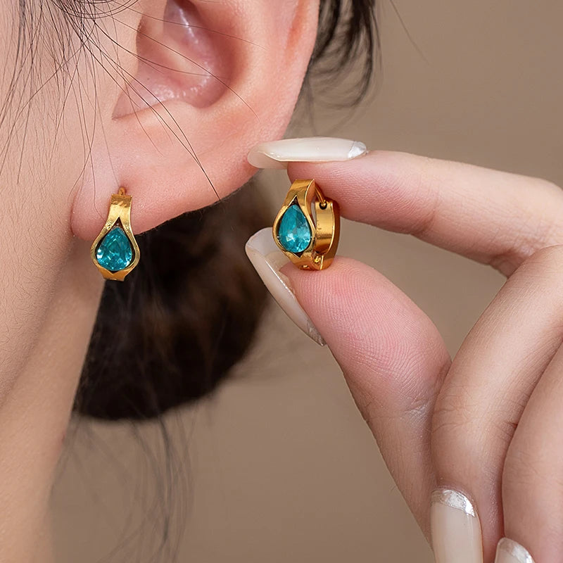 ANENJERY 316L Stainless Steel Geometry Heart Water Drop Zircon Hoop Earrings For Women Men Simple Personality Jewelry Gifts