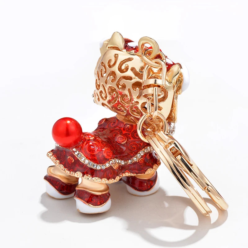 EASYA Chinese Lion Dance Chinatown GIFTS Rotatable Car Keychain Crystal Lucky Mascot Key Chain Ring  Souvenir