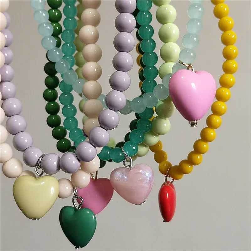 Kpop Resin Candy Color Heart Pendant Glass Beaded Short Choker Collar Neck Necklace Aesthetic Charm Jewelry Y2K Accessories