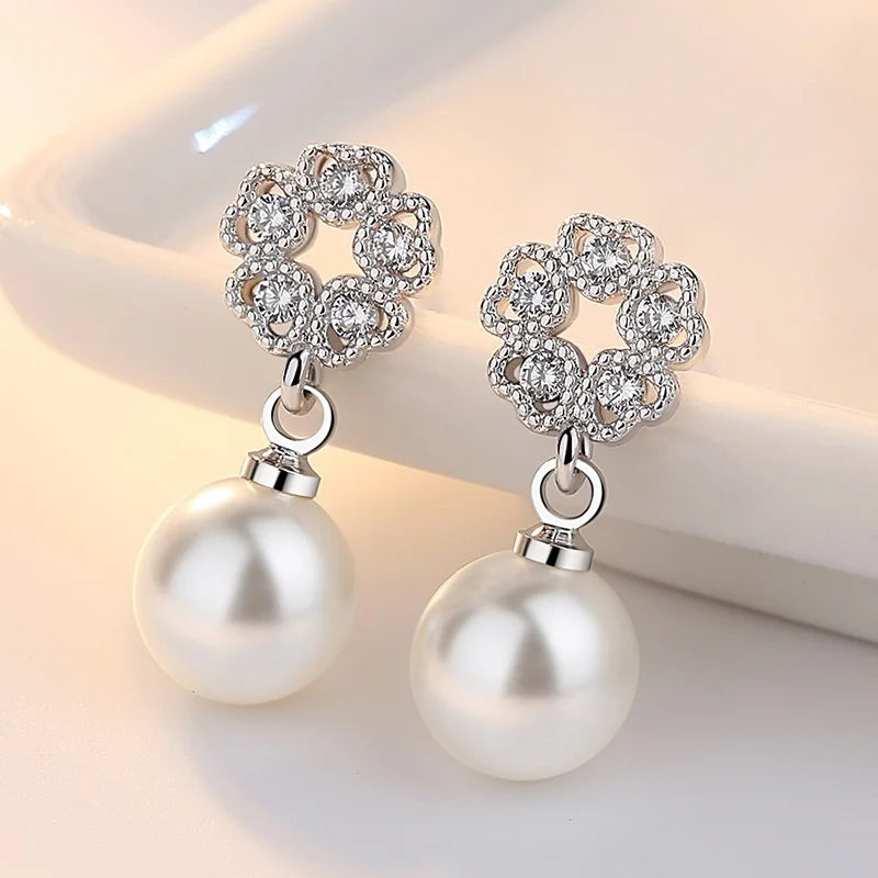 Small Love Heart Luxury Female White Pearl Zircon Stone Stud Earrings Silver Color Wedding Jewelry For Women
