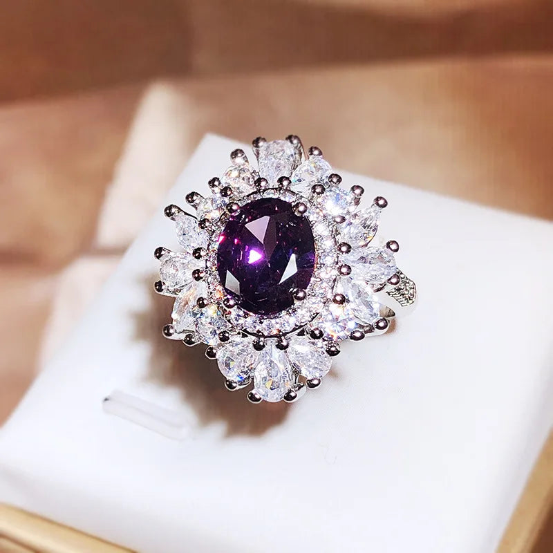 Classic Long Pillow Deep Purple Zircon Full Diamond Ring For Women 925 Silver Fashion Simulation Amethyst Open Ring Wedding Gift