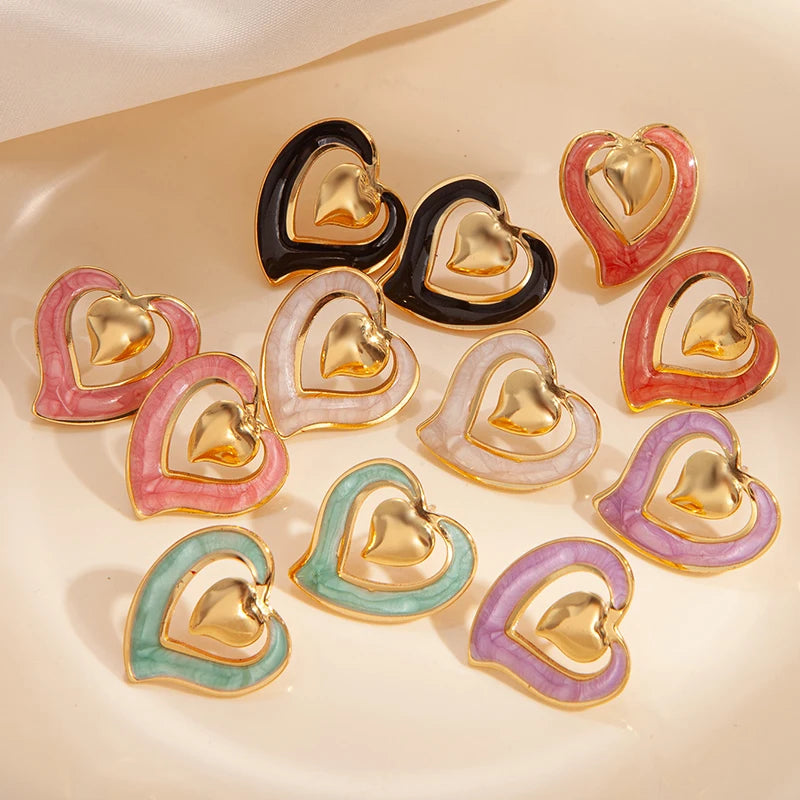 ANENJERY 316L Stainless Steel Hollow Double Heart Stud Earrings For Women Special Luxury Design Lady Jewelry Gifts