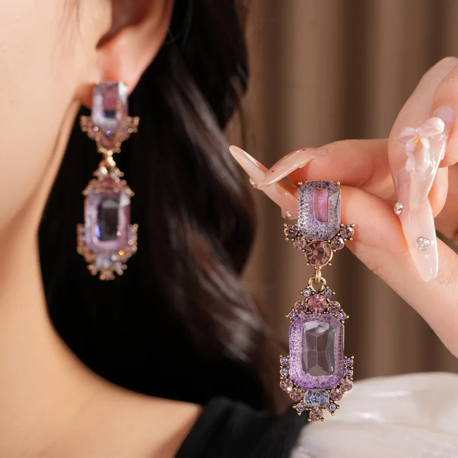 1 Pcs Purple Square Rhinestones Chokers Necklaces Retro Shiny Geometric Drop Earring Luxury Jewelry Set Gifts Wedding Party N