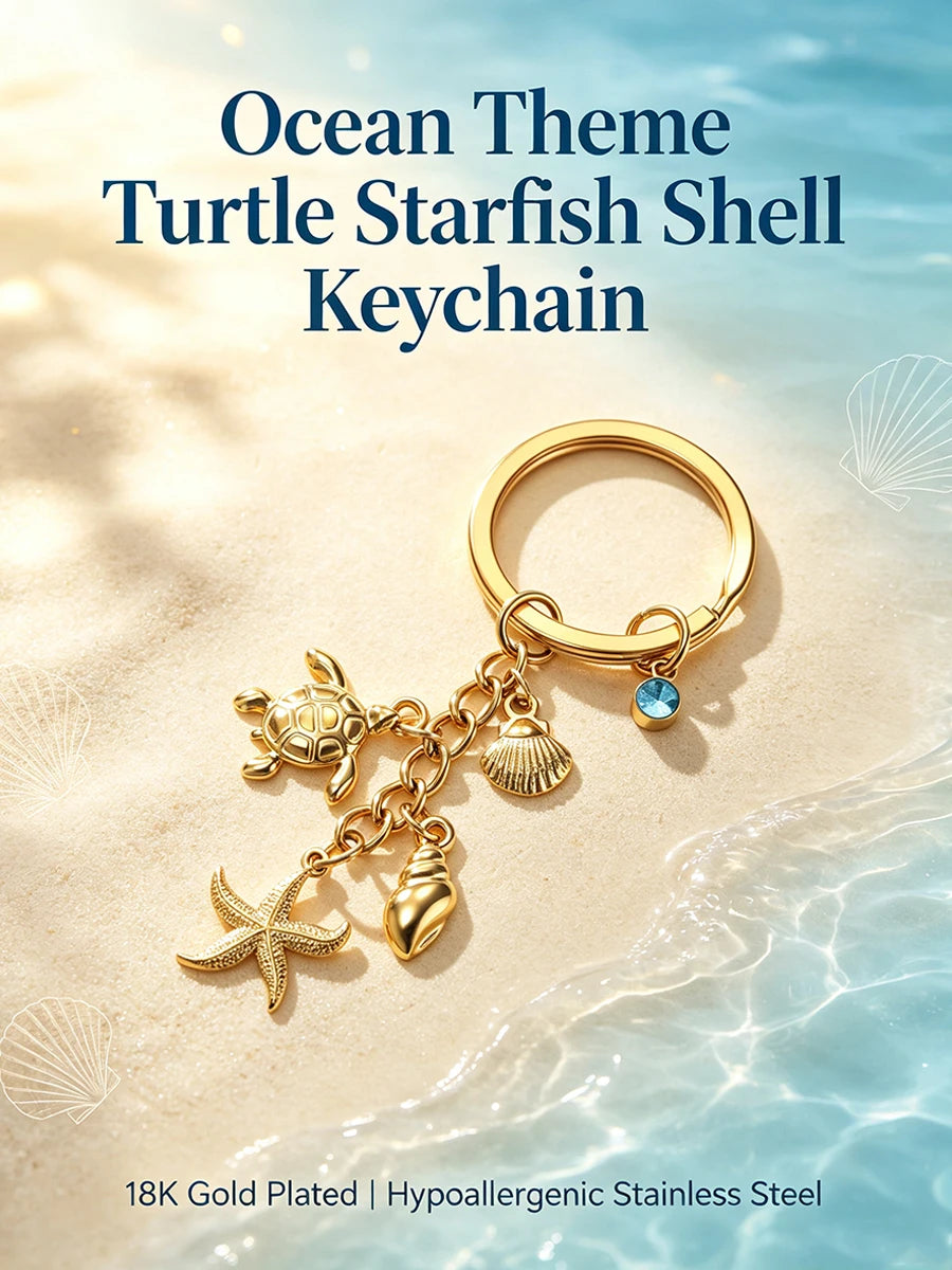Turtle Starfish Shell Keychain Ocean Theme Stainless Steel Seashell Conch Crystal Charms Key Ring Fashion Beach Bag Holiday Gift