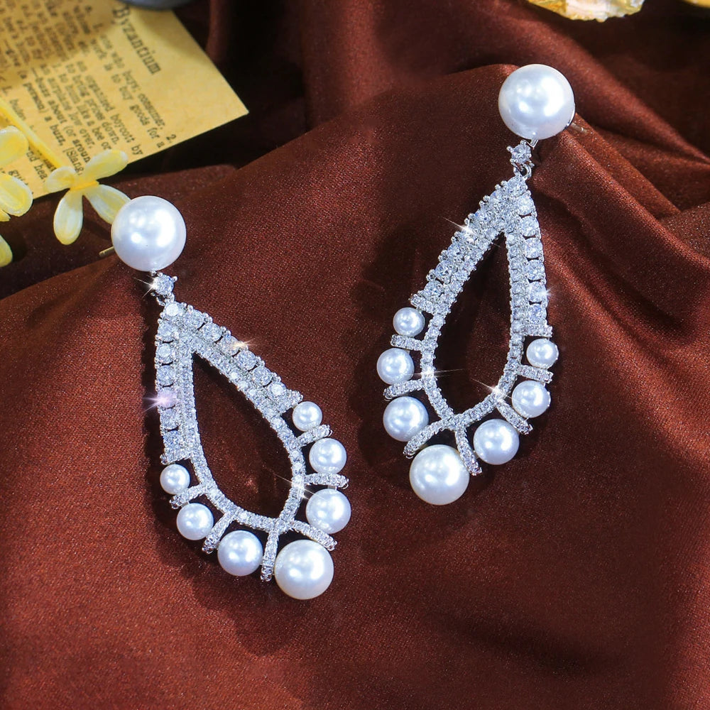 ThreeGraces Brilliant Cubic Zirconia Long Dangle Simulated Pearl Earrings for Women Luxury Bridal Wedding Party Jewelry E1376