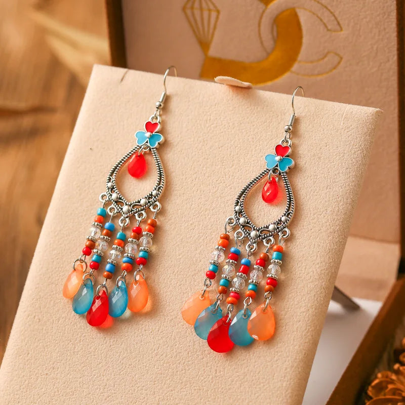 New Bohemian Long Rice Bead Water Drop Earrings for Women Ethnic Retro Drop Oil Hollow Dangle Earrings Vacation Party Jewelry