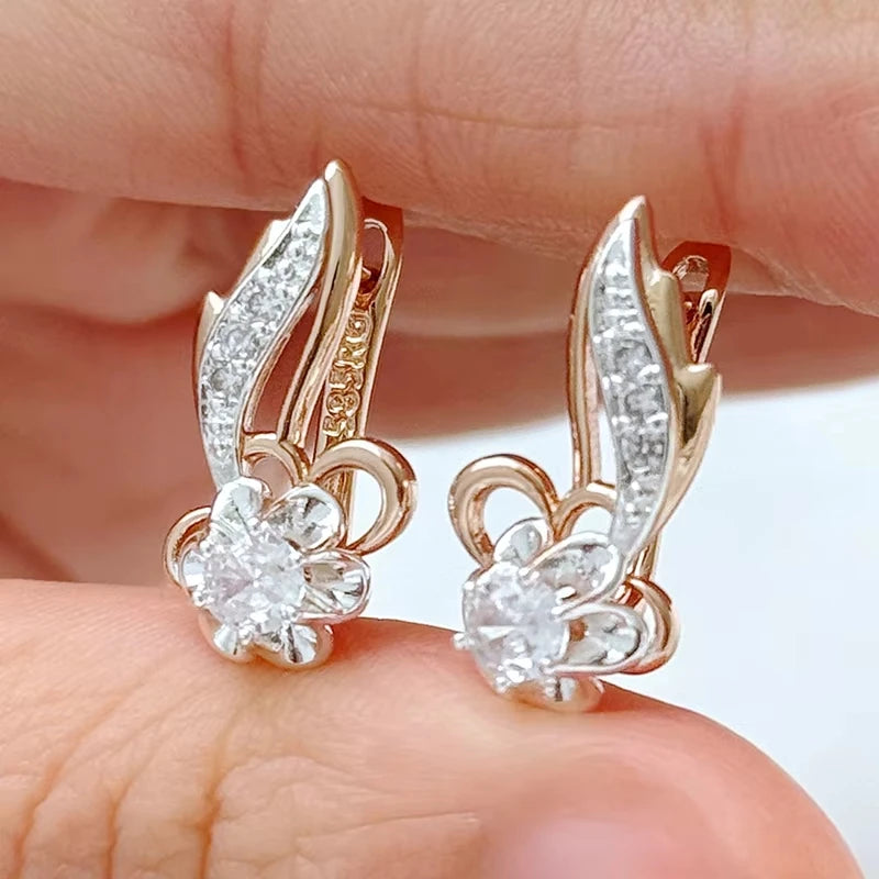 Luxury Elegant Full Shiny Zircon Dangle Gold Color Flower Earrings for Women Girl Wedding Party Fine Jewelry Daily Accessories