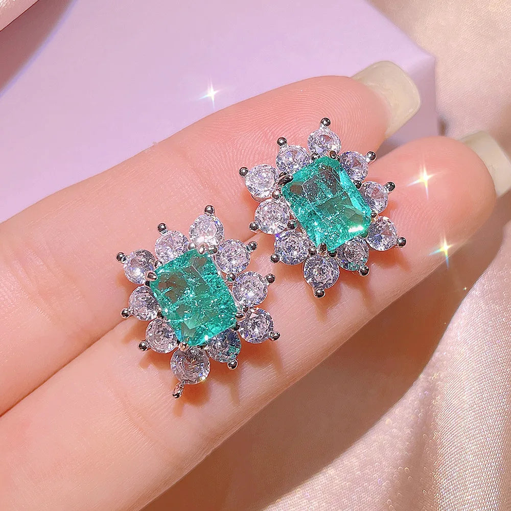 925 Silver Vintage Rectangle Emerald Jewelry Set Halo Starburst Zircon Necklace Earrings Women Party Ornaments
