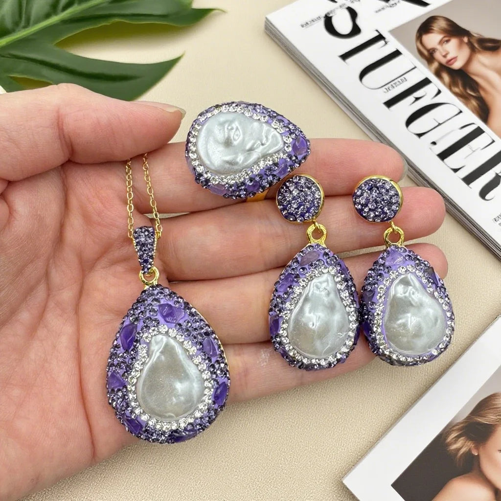 Water Drop Baroque Pearl Purple Crystal Set Handmade Three Piece Set of Rhinestone French Antique Jewelry for Women Wedding Gift