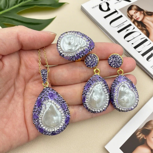 Water Drop Baroque Pearl Purple Crystal Set Handmade Three Piece Set of Rhinestone French Antique Jewelry for Women Wedding Gift