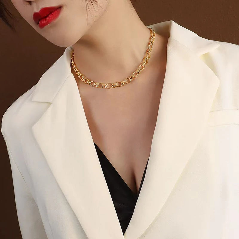 \EILIECK Stainless Steel Metal Gold Color Chain Necklace Bracelet For Women New Fashion Waterproof Collar Jewelry Set Gift Party