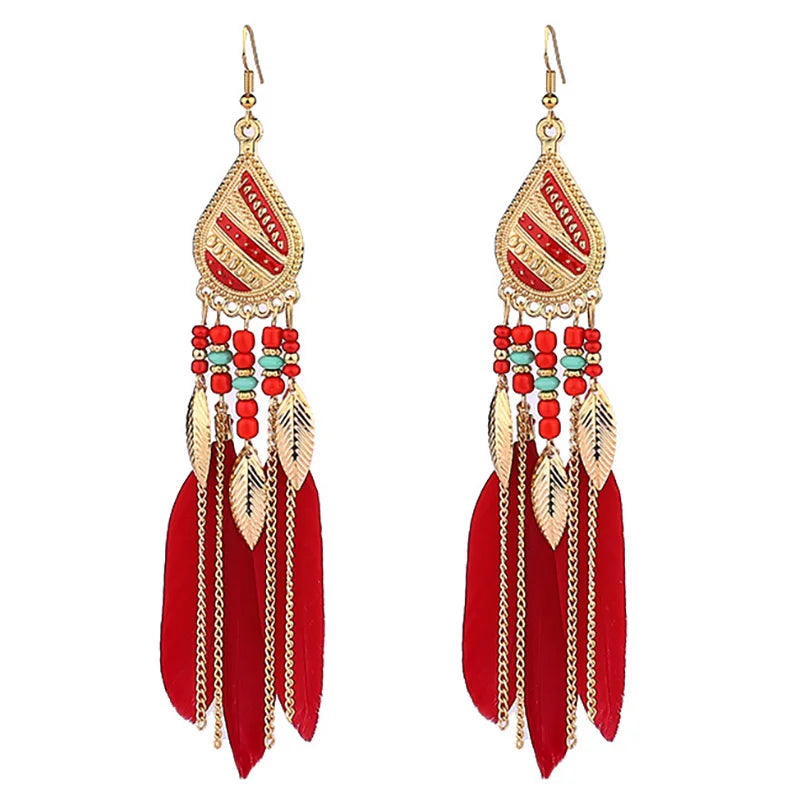 Bohemian Colorful Feather Tassel Earrings For Women Ethnic Beads Drop Statement Hanging Earrings Girls Fashion Jewelry Gift