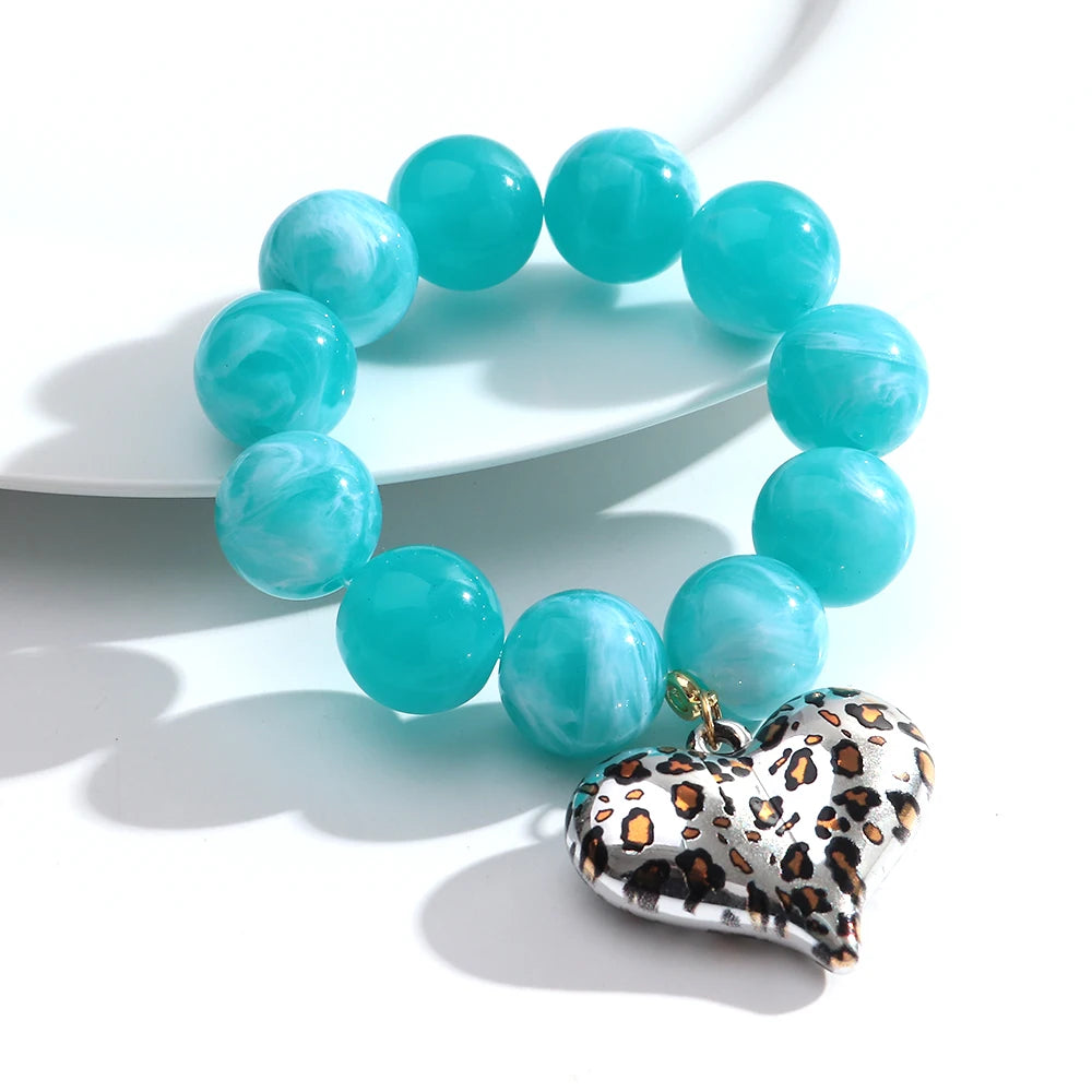 Boho Colorful Round Beads Heart Pendant Elastic Bracelets Fashion Geometric Beaded Bangle Bracelet Women Jewelry Gifts