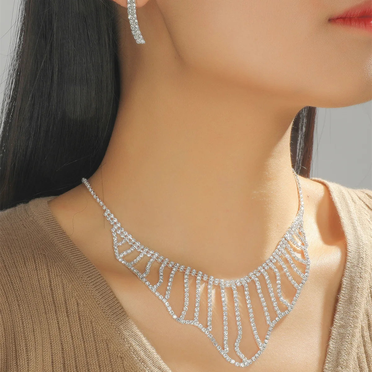 TREAZY Luxurious Rhinestone Crystal Wedding Jewelry Sets for Women Statement Choker Necklace Earrings Bridal Jewelry Accessories