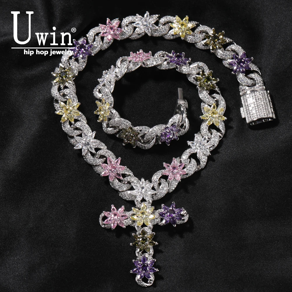 Colorful Flower Cross Charms Cuban Chain Full Pave Iced Out Baguette Cubic Zirconia HipHop Jewelry Unisex Gift For Men Women