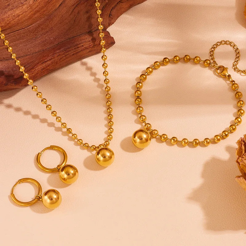EILIECK New Fashion Stainless Steel Metal Bead Ball Necklace Bracelet Earrings For Women Trendy Waterproof Jewelry Set Gift