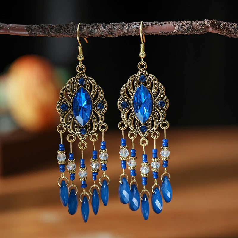 New Bohemian Ethnic Colorful Water Drop Tassel Earrings for Women Long Hollow Antique Gold Color Dangle Earring Pendientes Mujer