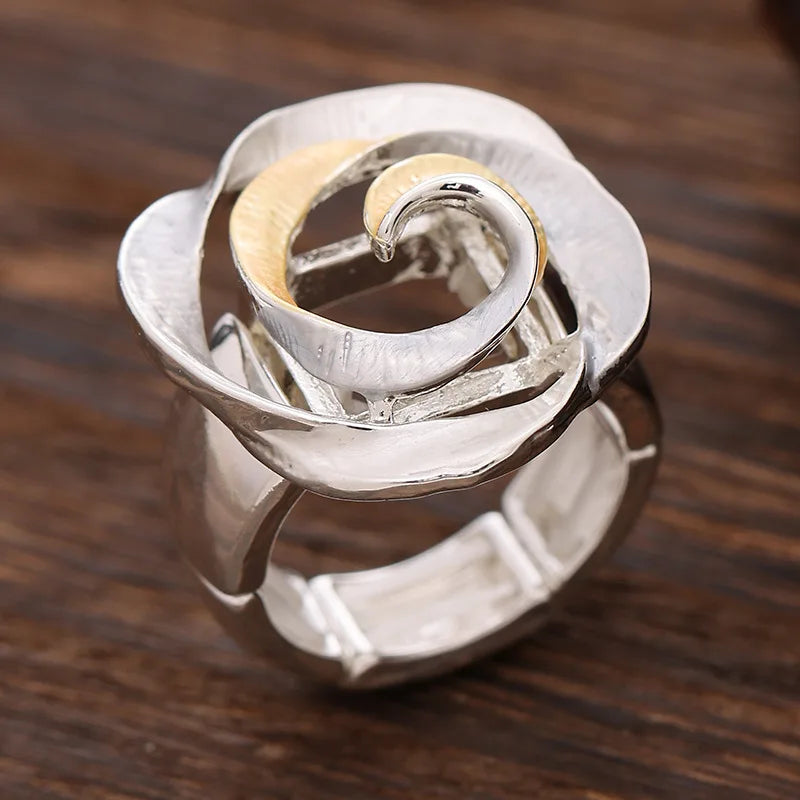 new color painting oil geometric hollow rose elastic ring, fashionable versatile women's alloy ring