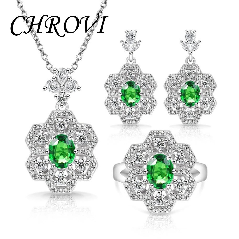 Exquisite 925 sterling silver popular flower-shaped diamond-set pendant necklace, ring, earring set jewelry set