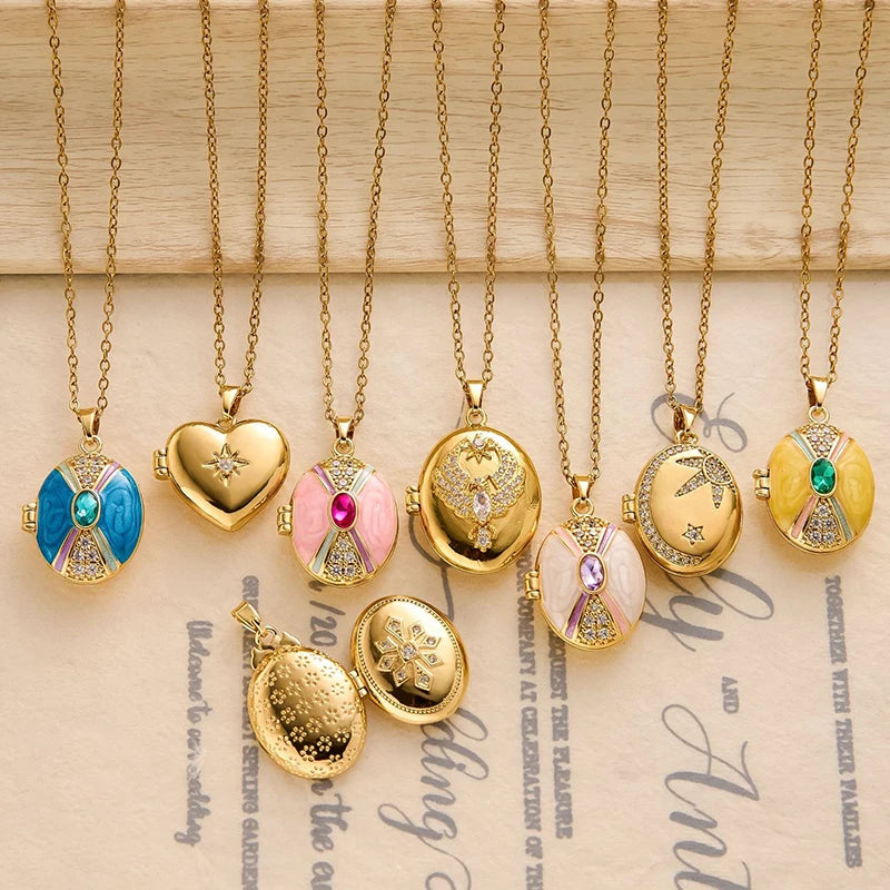 ANENJERY 316L Stainless Steel Openable Oval Heart Photo Frame Zircon Necklace For Women Delicate Vintage Jewelry Gifts Wholesale