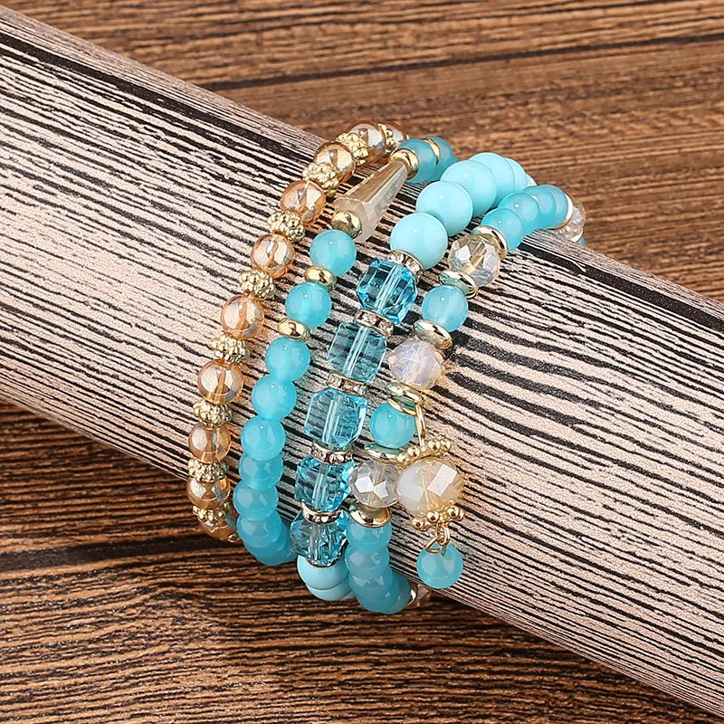 4Pcs Bohemian Bracelet Sets for Women Stackable Glass Acrylic Beads Chain Stretch Bracelets Boho Dainty Jewelry Best Friend Gif