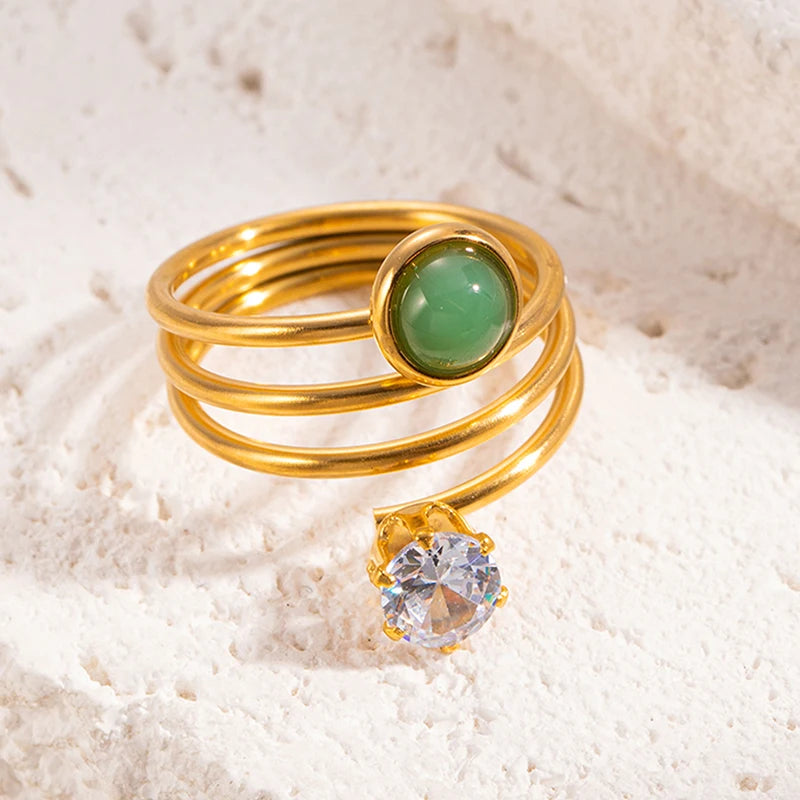 ANENJERY 316L Stainless Steel Turquoise Zircon Hollow Open Multi Layered Ring for Women Vintage Niche Jewelry Gifts Wholesale