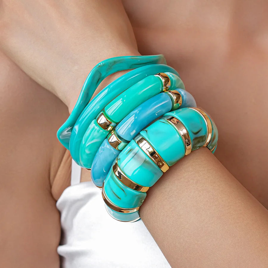 KMVEXO Vintage Turquoise Blue Geometric Resin Bangle Women Irregular Wide Bracelet Ladies Bohemian Beach Acrylic Bangles Jewelry
