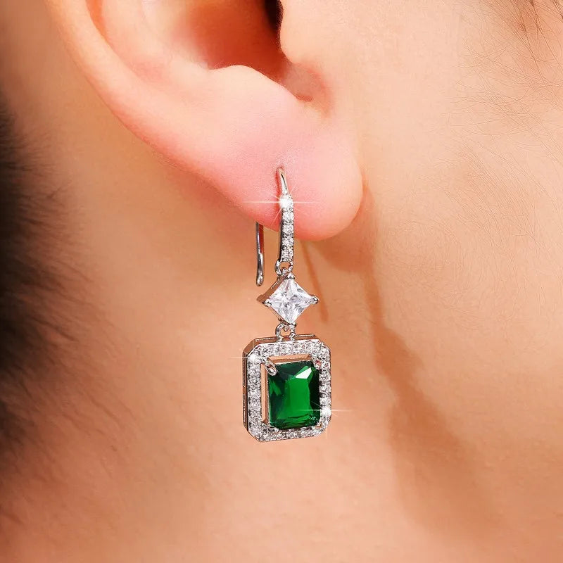 Huitan Modern Fashion Green CZ Drop Earrings for Women Silver Color Luxury Bridal Wedding Party Accessories New Trendy Jewelry