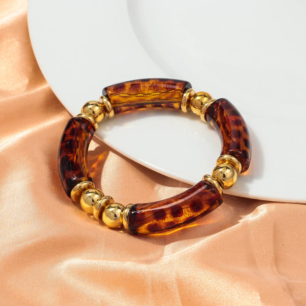 New Design Acrylic Gold Color Beads Chunky Bamboo Bracelets for Women Resin Curved Tube Stretchy Bangle 2024 Fashion Jewelry