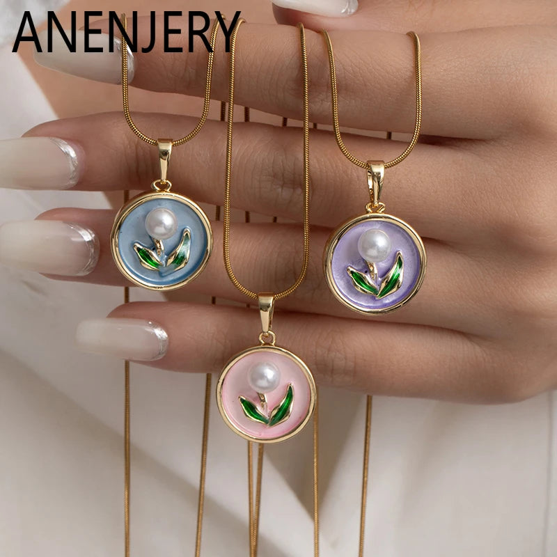 ANENJERY 316L Stainless Steel Round Card Flower Pearl Pendant Necklace For Women Delicate Artistic Choker Jewelry Gift Wholesale