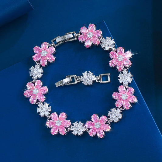 ThreeGraces Fashion Shiny Cubic Zirconia Blue Pink Flower Charms Designer Bridal Bracelet for Women Daily Party Jewelry B608