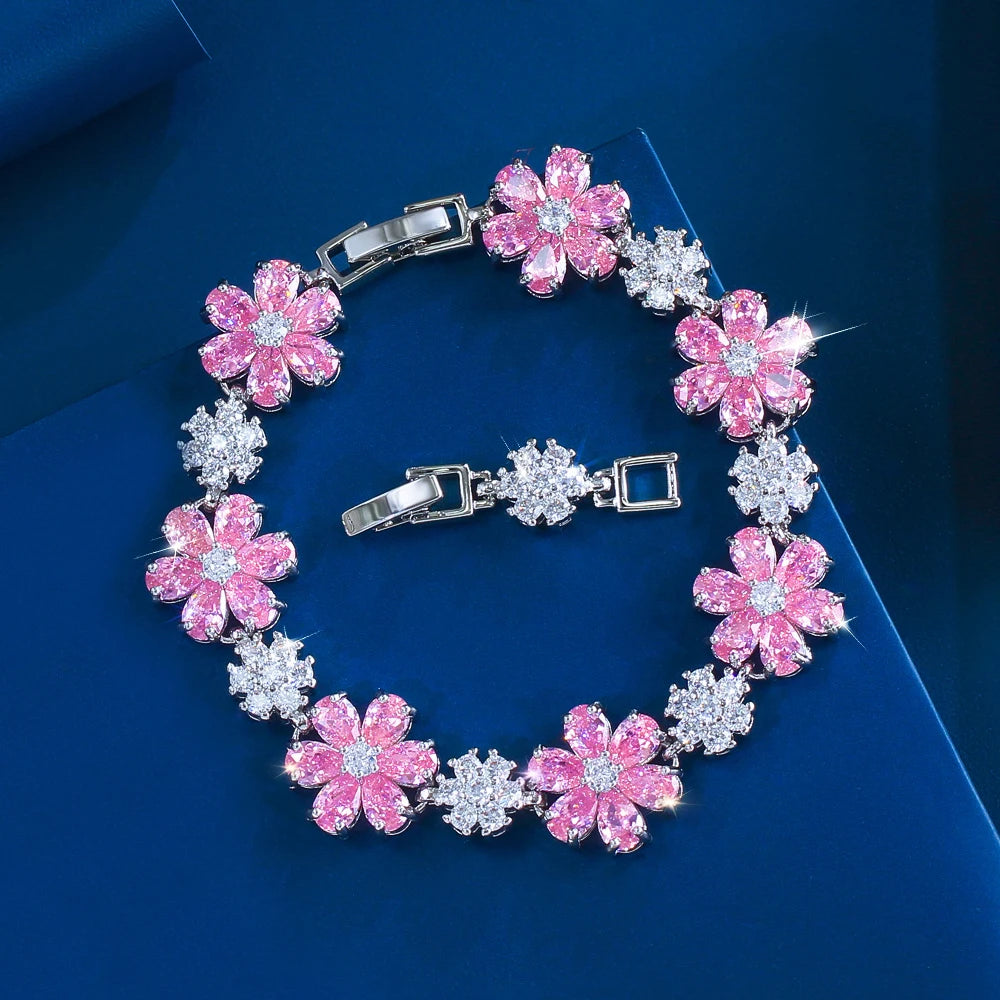 ThreeGraces Fashion Shiny Cubic Zirconia Blue Pink Flower Charms Designer Bridal Bracelet for Women Daily Party Jewelry B608