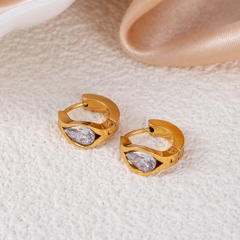 ANENJERY 316L Stainless Steel Geometry Heart Water Drop Zircon Hoop Earrings For Women Men Simple Personality Jewelry Gifts