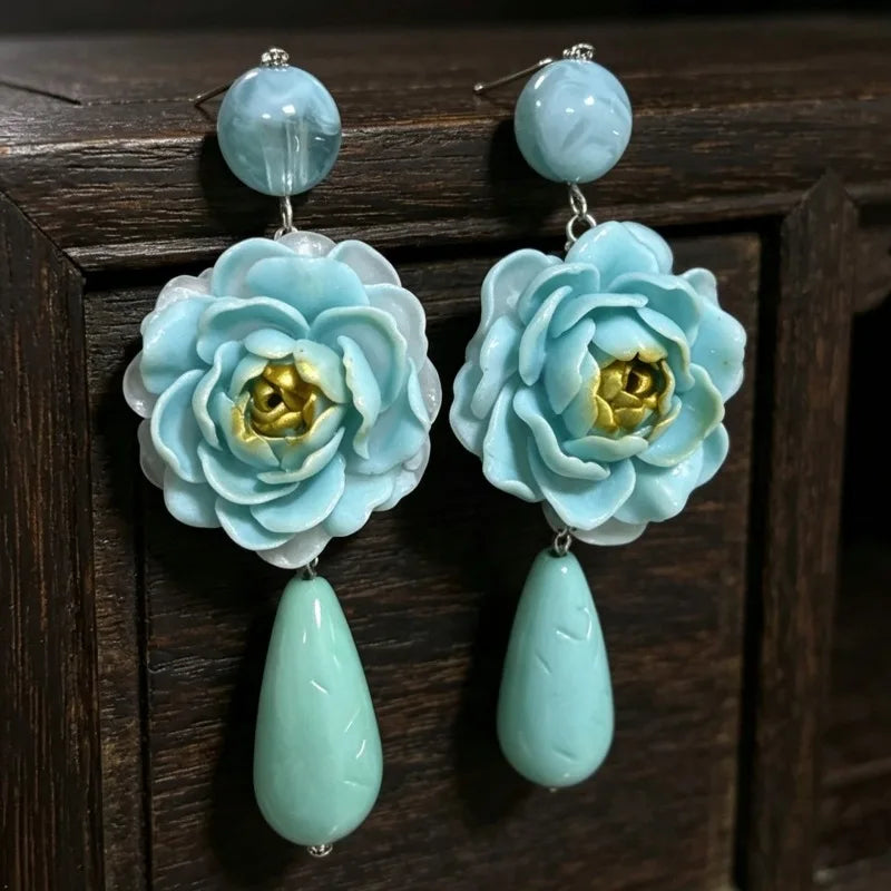 Blue Flowers Earrings for Women Teardrop Vintage Palace Style Sweet Pendientes Mujer Elegant Exquisite  Versatile Jewelry